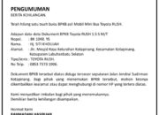 Pengumuman (2), Telah Hilang Sebuah Buku BPKB Asli Mobil Mini Bus Toyota Rush BK1048YS